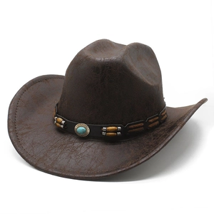 Chapeau de cowboy marron foncé avec texture vintage craquelée et bandeau en cuir turquoise
