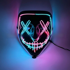 Detail of pink and blue EL wire X-eyes and stitched mouth on glowing mask