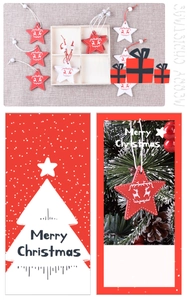 Detail view of red and white wooden star ornaments with reindeer patterns in a wooden box