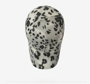 Top view of leopard print baseball cap showing six-panel stitch and twill cotton fabric