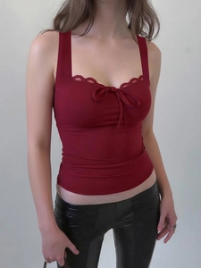 Canotta Da Donna Sexy Con Bordo In Pizzo E Dettaglio Fiocco Vestibilità Aderente Tinta Unita Senza Maniche Poliestere Spandex