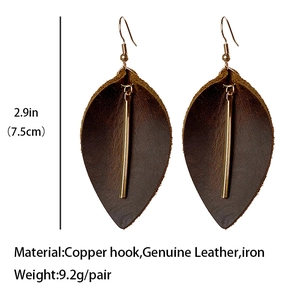 Brown genuine crazy horse leather leaf earrings with copper hooks for western fashion style
