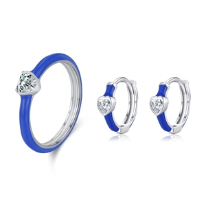 S925 sterling silver jewelry set featuring blue enamel hearts and clear crystals
