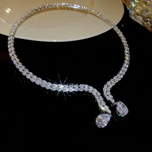 Luxury Copper Choker Necklace With Zircon Water Drop Pendants Silver Color Elegant Party Jewelry For Women