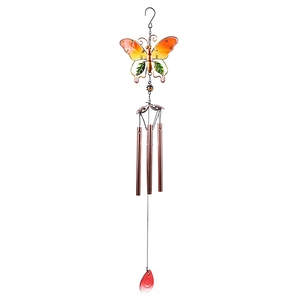 Detail of metal butterfly wind chime with glass painting and bronze aluminum tubes