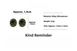 Detail view of vintage oval earrings with green crystal and technical specifications