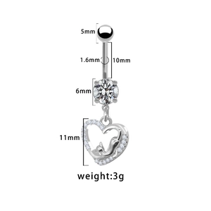 Détails du piercing de nombril chat en cœur avec barre 1,6mm et mesures du zircon