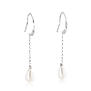 Minimalist silver chain earrings with elegant white teardrop pearl pendants on white base