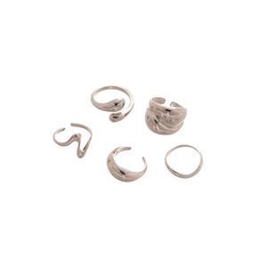 Five-piece silver metal ring set featuring irregular geometric and minimalist wavy designs