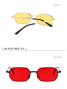 Close-up of retro octagonal polygon metal sunglasses in yellow and red lens variations