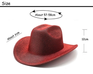Size details of a red glitter western cowboy hat with a 57-58cm head circumference