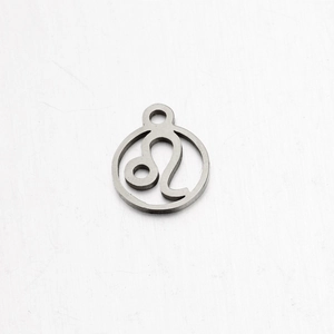 Close-up of polished stainless steel Leo zodiac pendant charm for DIY jewelry making