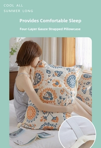 Detail of four-layer cotton gauze pillow towel with vintage floral print and elastic strap