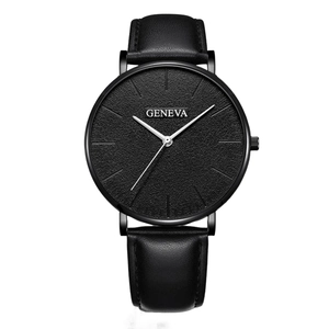 Classic sport quartz watch with black textured dial and black leather strap on white background