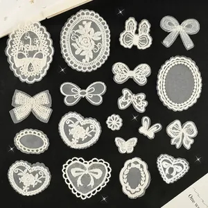 White Lace Embroidery Patches Iron On Appliques Heart Bow Flower Shapes DIY Clothing Decoration Accessories For Handbooks Bags Hats