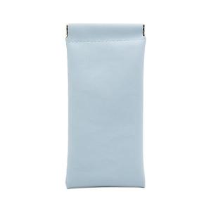 Detail of light blue faux leather glasses pouch with automatic squeeze closure design