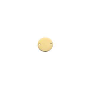 Macro detail of round mirror polished gold stainless steel tag with double holes