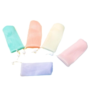 Set of 5 thick 6-layer mesh soap foaming bags in assorted macaron colors with drawstrings