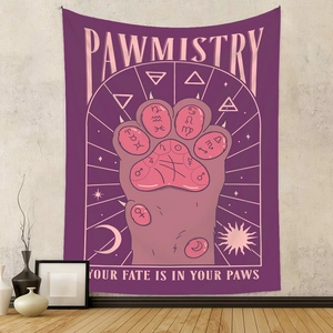 Mystical purple pawmistry tapestry with pink cat paw and astrology signs for room decor