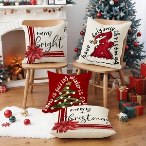 Weihnachts-Kissenbezüge aus Leinen mit roten Mützen und festlichen Drucken für Sofa-Deko
