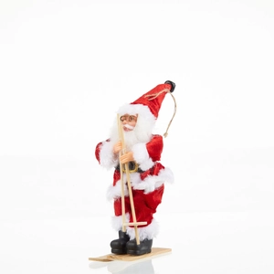 Plush Santa Claus figurine on wooden skis with red outfit for Christmas decoration