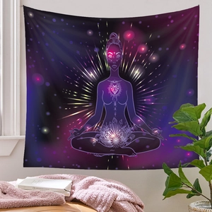 Detailed view of a meditation tapestry with star and crystal motifs in a cozy room setting