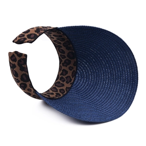 Navy blue straw sun visor hat with leopard print headband for outdoor fashion