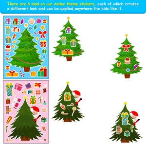 Detail of DIY Christmas tree stickers showing colorful cartoon patterns and application