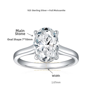 Detailed view of the 7x10mm oval moissanite and 1.67mm silver band measurements