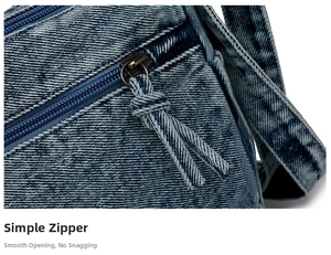 Macro detail of blue denim bag featuring a smooth nylon zipper and bronze metal hardware