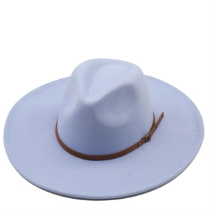 Detail of the light blue wide brim wool fedora with a brown leather decorative band