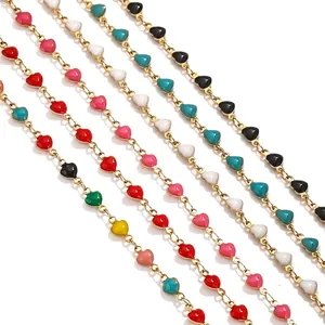 Colorful enamel heart link chains in gold-plated stainless steel for DIY jewelry making