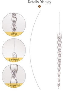 Detail display of transparent acrylic icicle ornament showing lanyard and spiral wing texture