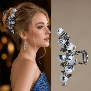 Large Hair Claw Clip Elegant Camellia Flower Alloy Metal Shark Clip Vintage Rhinestone Hairpin Headwear For Women