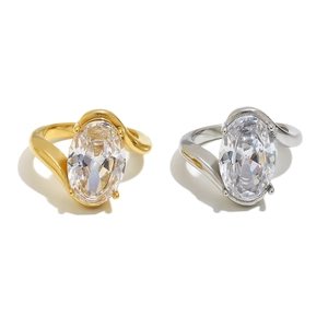 Luxury stainless steel ring with oval cubic zirconia stone in gold and silver plating