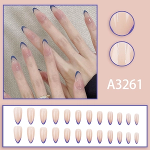 French blue stiletto press-on nail kit with 24 pieces of various sizes and natural pink base