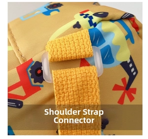 Detail of transparent plastic strap ring and yellow woven belt on kids chest bag