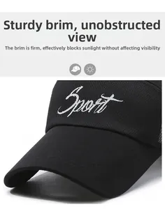 Detail of breathable mesh baseball cap with white Sport embroidery and sturdy sun brim