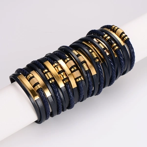 Navy blue multi-layer leather braided men's bracelet with gold magnetic buckle closure