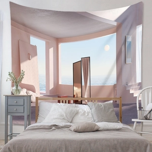Close-up of minimalist architectural tapestry with soft pink and blue tones on bedroom wall