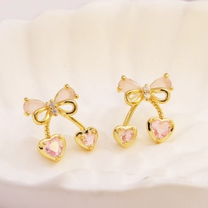 Orecchini a fiocco in zircone rosa placcati oro con ciondoli a cuore ciliegia