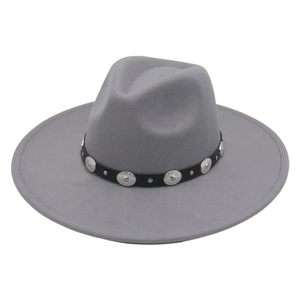 Detail of light grey felt fedora featuring black ribbon with vintage silver metal studs