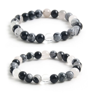 Elastic beaded bracelet with natural black rutilated quartz and colorful stone beads