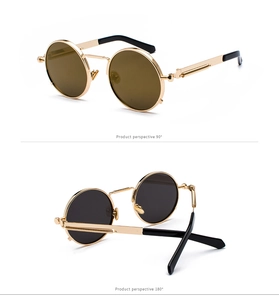 Dual view of retro steampunk sunglasses with gold metal frames and spring temples