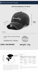 Size guide for vintage baseball cap showing 56-60cm circumference and cotton material specs