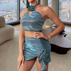 Sexy teal glitter two-piece set with 3D flower halter top and high-waisted mini skirt