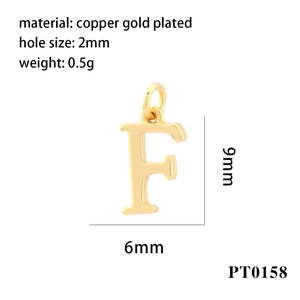 Detailed view of golden letter F pendant with precise size and weight measurements
