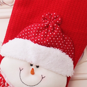 Detail of red waffle knit Christmas stocking with 3D snowman and textured white trim