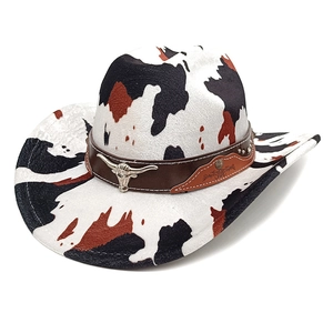 Western cow print wool fedora hat with vintage bull head emblem and leather band
