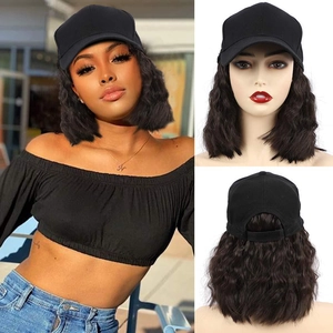 Black baseball cap with short wavy hair extension for women shown in multiple angles